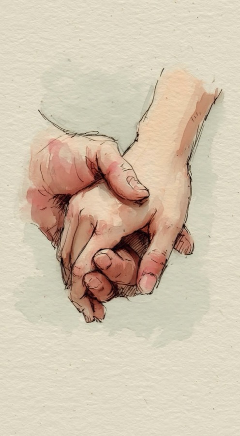 Watercolour illustration of two hands clasped together