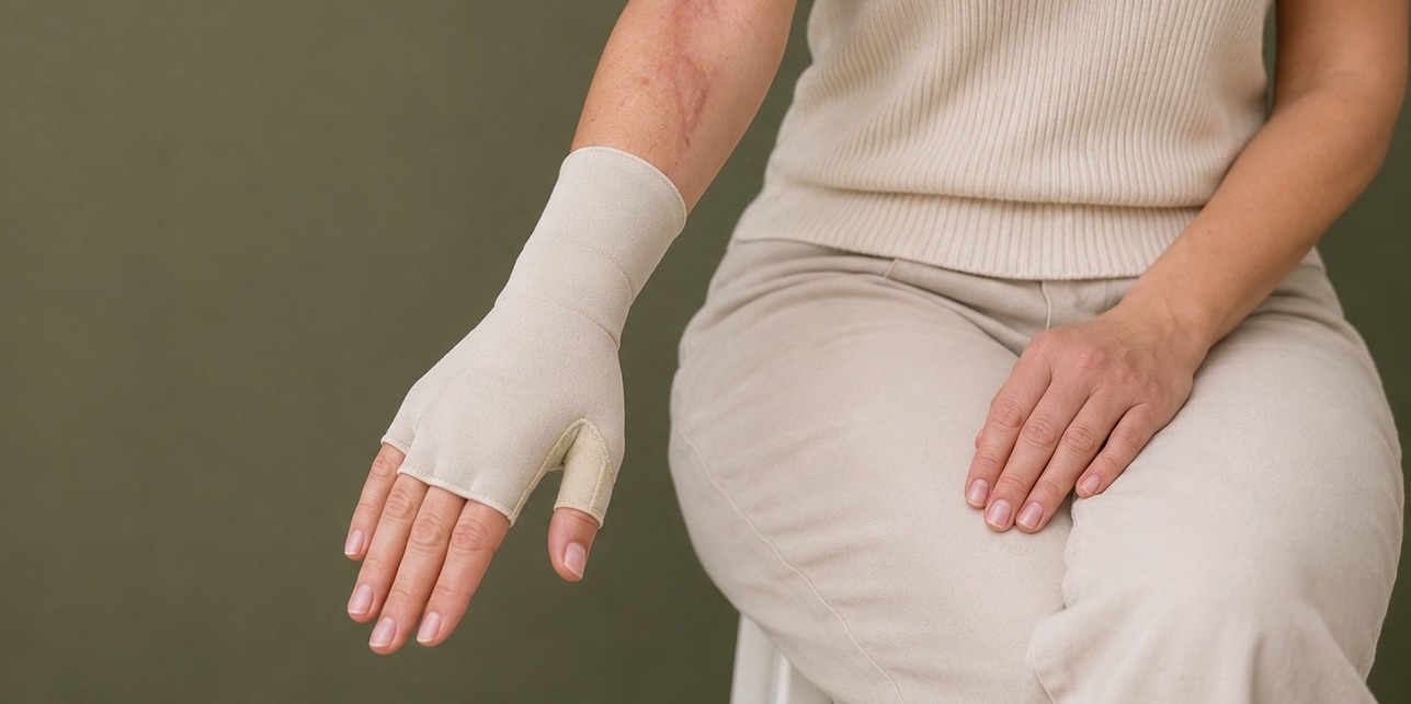 A client wearing a custom-made beige compression glove over a healing forearm